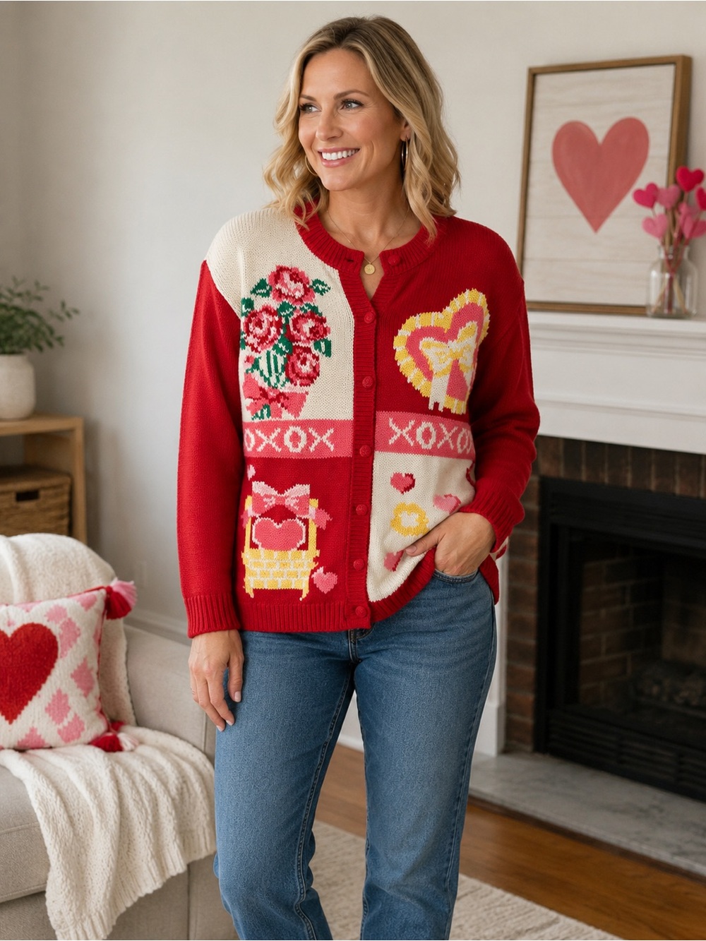 Vintage Alexandra Bartlett Valentine Cardigan Hearts Roses Sweater XL